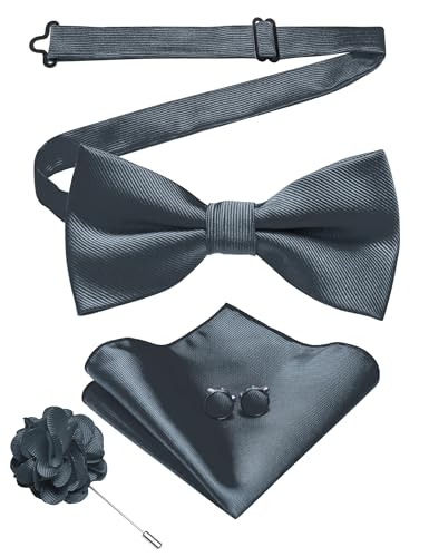 JEMYGINS Herren Fliege aus Twill in Uni mit Pocket Square Manschettenknöpfen und Blumen Gesteck Geschenkset für Partys Business und Hochzeiten dunkelgrau von JEMYGINS