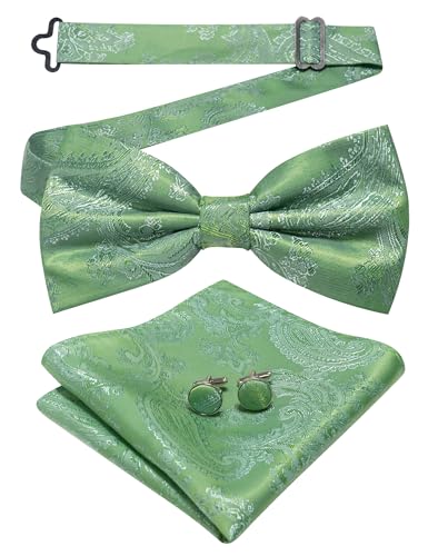 JEMYGINS Herren Fliege mit Cashewblütendesign Retro-Design mit Manschettenknöpfen und Einstecktuch,Fenchelblattgrün, Erbsengrün JEMYGINS Herren Fliege mit Cashewblütendesign Retro-Design mit Manschettenknöpfen und Einstecktuch,Fenchelblattgrün, Erbsengrün von JEMYGINS