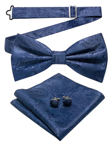 JEMYGINS Herren Fliege mit Cashewblütendesign Retro-Design mit Manschettenknöpfen und Einstecktuch,Navy blau von JEMYGINS