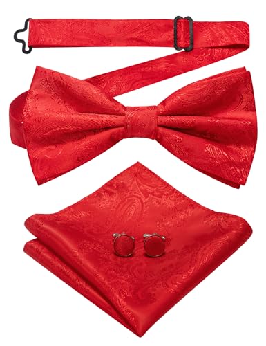 JEMYGINS Herren Fliege mit Cashewblütendesign Retro-Design mit Manschettenknöpfen und Einstecktuch,Rot von JEMYGINS