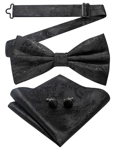 JEMYGINS Herren Fliege mit Cashewblütendesign Retro-Design mit Manschettenknöpfen und Einstecktuch,Schwarz JEMYGINS Herren Fliege mit Cashewblütendesign Retro-Design mit Manschettenknöpfen und Einstecktuch,Schwarz von JEMYGINS