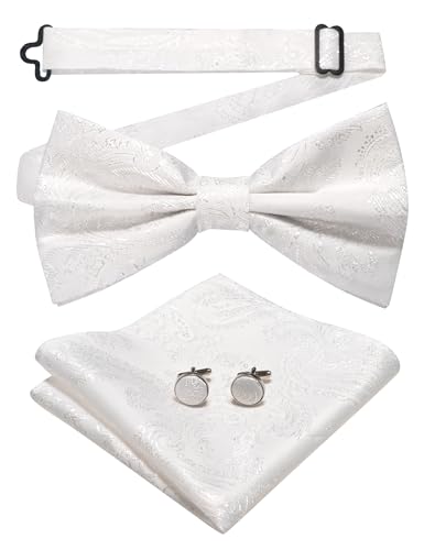 JEMYGINS Herren Fliege mit Cashewblütendesign Retro-Design mit Manschettenknöpfen und Einstecktuch,Weiß von JEMYGINS