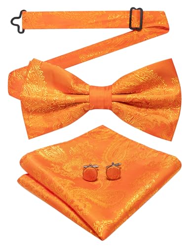 JEMYGINS Herren Fliege mit Cashewblütendesign Retro-Design mit Manschettenknöpfen und Einstecktuch,orange Farbe von JEMYGINS