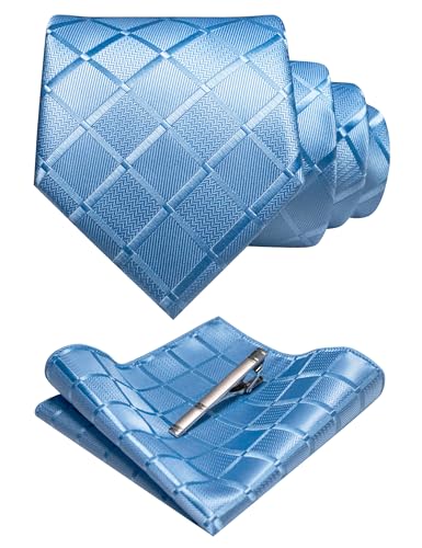 JEMYGINS Herren Hochzeit Krawatten-Set mit Karomuster und passendem Einstecktuch sowie Krawattenklammer - einfarbig in verschiedenen Farben erhältlich Himmelblau JEMYGINS Herren Hochzeit Krawatten-Set mit Karomuster und passendem Einstecktuch sowie Krawattenklammer - einfarbig in verschiedenen Farben erhältlich Himmelblau von JEMYGINS