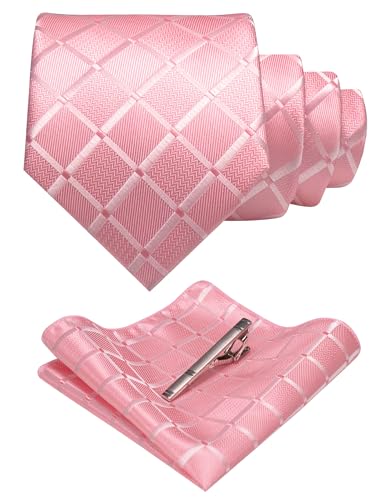JEMYGINS Herren Hochzeit Krawatten-Set mit Karomuster und passendem Einstecktuch sowie Krawattenklammer - einfarbig in verschiedenen Farben erhältlich Rosa von JEMYGINS