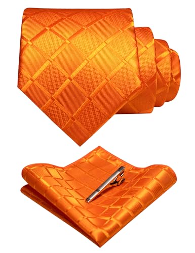 JEMYGINS Herren Hochzeit Krawatten-Set mit Karomuster und passendem Einstecktuch sowie Krawattenklammer - einfarbig in verschiedenen Farben erhältlich leuchtend orange von JEMYGINS
