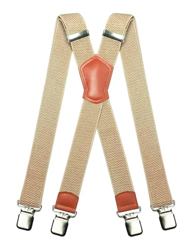 JEMYGINS Herren Hosenträger Breit 3.8 cm mit Starken 4 Metall Clips Lang Einheitsgröße Einstellbar und Elastisch X Style für Männer und Damen Beige von JEMYGINS