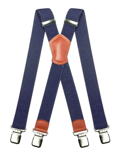 JEMYGINS Herren Hosenträger Breit 3.8 cm mit Starken 4 Metall Clips Lang Einheitsgröße Einstellbar und Elastisch X Style für Männer und Damen Navy blau von JEMYGINS