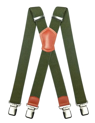JEMYGINS Herren Hosenträger Breit 3.8 cm mit Starken 4 Metall Clips Lang Einheitsgröße Einstellbar und Elastisch X Style für Männer und Damen dunkelgrün von JEMYGINS