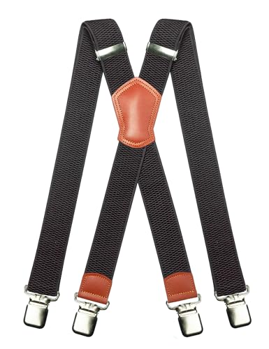 JEMYGINS Herren Hosenträger Breit 3.8 cm mit Starken 4 Metall Clips Lang Einheitsgröße Einstellbar und Elastisch X Style für Männer und Damen schwarz/braunes Leder von JEMYGINS