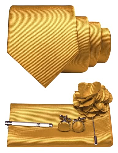JEMYGINS Herren Krawatte aus Twill mit einfarbigem Design inklusive Pocket Square Manschettenknöpfen Krawattenklemme und Blütenbrosche Geschenkset für Partys Business Hochzeiten Gelb von JEMYGINS