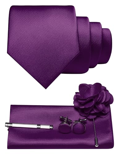 JEMYGINS Herren Krawatte aus Twill mit einfarbigem Design inklusive Pocket Square Manschettenknöpfen Krawattenklemme und Blütenbrosche Geschenkset für Partys Business Hochzeiten Lila von JEMYGINS