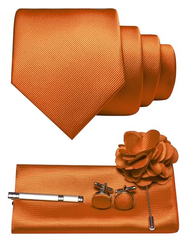 JEMYGINS Herren Krawatte aus Twill mit einfarbigem Design inklusive Pocket Square Manschettenknöpfen Krawattenklemme und Blütenbrosche Geschenkset für Partys Business Hochzeiten Orange 2 von JEMYGINS