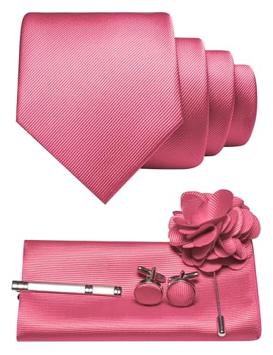 JEMYGINS Herren Krawatte aus Twill mit einfarbigem Design inklusive Pocket Square Manschettenknöpfen Krawattenklemme und Blütenbrosche Geschenkset für Partys Business Hochzeiten Rosa von JEMYGINS