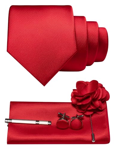JEMYGINS Herren Krawatte aus Twill mit einfarbigem Design inklusive Pocket Square Manschettenknöpfen Krawattenklemme und Blütenbrosche Geschenkset für Partys Business Hochzeiten Rot von JEMYGINS