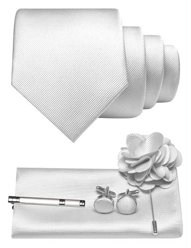 JEMYGINS Herren Krawatte aus Twill mit einfarbigem Design inklusive Pocket Square Manschettenknöpfen Krawattenklemme und Blütenbrosche Geschenkset für Partys Business Hochzeiten Weiß von JEMYGINS