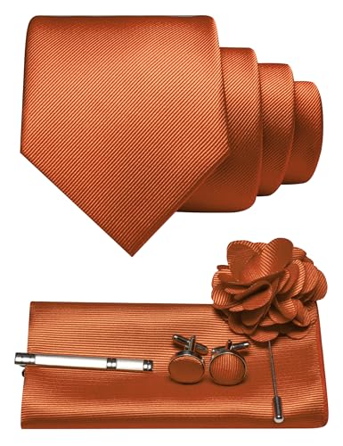 JEMYGINS Herren Krawatte aus Twill mit einfarbigem Design inklusive Pocket Square Manschettenknöpfen Krawattenklemme und Blütenbrosche Geschenkset für Partys Business Hochzeiten bräunlichgelb von JEMYGINS