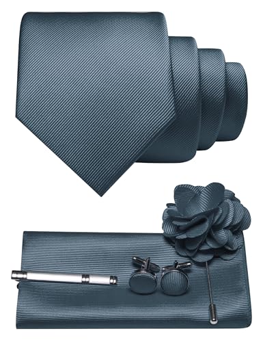 JEMYGINS Herren Krawatte aus Twill mit einfarbigem Design inklusive Pocket Square Manschettenknöpfen Krawattenklemme und Blütenbrosche Geschenkset für Partys Business Hochzeiten dunkelgrau von JEMYGINS