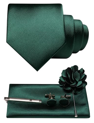 JEMYGINS Herren Krawatte aus Twill mit einfarbigem Design inklusive Pocket Square Manschettenknöpfen Krawattenklemme und Blütenbrosche Geschenkset für Partys Business Hochzeiten dunkelgrün von JEMYGINS
