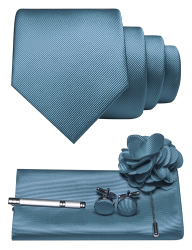 JEMYGINS Herren Krawatte aus Twill mit einfarbigem Design inklusive Pocket Square Manschettenknöpfen Krawattenklemme und Blütenbrosche Geschenkset für Partys Business Hochzeiten graublau von JEMYGINS