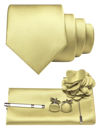 JEMYGINS Herren Krawatte aus Twill mit einfarbigem Design inklusive Pocket Square Manschettenknöpfen Krawattenklemme und Blütenbrosche Geschenkset für Partys Business Hochzeiten hellgelb von JEMYGINS