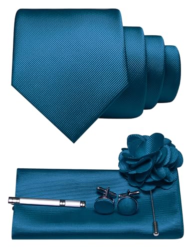 JEMYGINS Herren Krawatte aus Twill mit einfarbigem Design inklusive Pocket Square Manschettenknöpfen Krawattenklemme und Blütenbrosche Geschenkset für Partys Business Hochzeiten pfauenblau JEMYGINS Herren Krawatte aus Twill mit einfarbigem Design inklusive Pocket Square Manschettenknöpfen Krawattenklemme und Blütenbrosche Geschenkset für Partys Business Hochzeiten pfauenblau von JEMYGINS