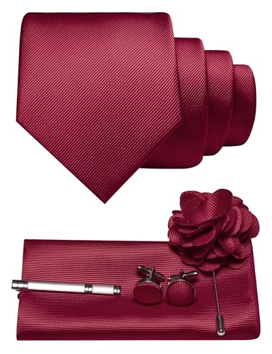 JEMYGINS Herren Krawatte aus Twill mit einfarbigem Design inklusive Pocket Square Manschettenknöpfen Krawattenklemme und Blütenbrosche Geschenkset für Partys Business Hochzeiten weinrot von JEMYGINS