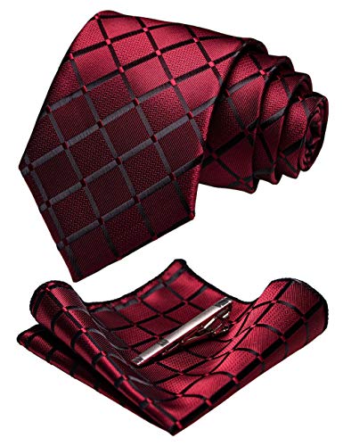 JEMYGINS Herren Krawatte kariert aus Seide und Krawattenklammern & Taschenset, dunkelrot von JEMYGINS