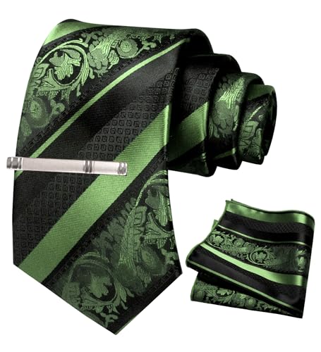JEMYGINS Herren Krawatten Set mit gemischtem Rosen und Streifenmuster inklusive Krawattenklammer und Taschentuch Graugrün JEMYGINS Herren Krawatten Set mit gemischtem Rosen und Streifenmuster inklusive Krawattenklammer und Taschentuch Graugrün von JEMYGINS