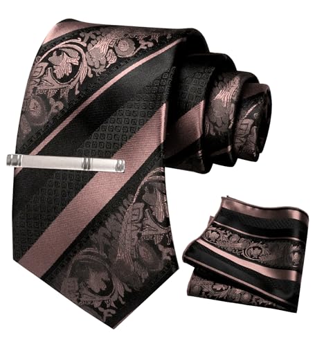 JEMYGINS Herren Krawatten Set mit gemischtem Rosen und Streifenmuster inklusive Krawattenklammer und Taschentuch Hellroségold JEMYGINS Herren Krawatten Set mit gemischtem Rosen und Streifenmuster inklusive Krawattenklammer und Taschentuch Hellroségold von JEMYGINS