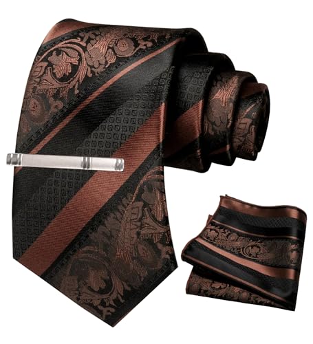 JEMYGINS Herren Krawatten Set mit gemischtem Rosen und Streifenmuster inklusive Krawattenklammer und Taschentuch Kaffee JEMYGINS Herren Krawatten Set mit gemischtem Rosen und Streifenmuster inklusive Krawattenklammer und Taschentuch Kaffee von JEMYGINS