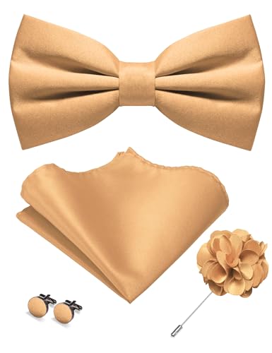 JEMYGINS Herren Matte Einfarbige Fliege mit Taschentuch Manschettenknöpfen und Ansteckblume Set Champagnergold von JEMYGINS