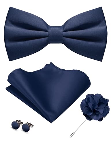 JEMYGINS Herren Matte Einfarbige Fliege mit Taschentuch Manschettenknöpfen und Ansteckblume Set Marineblau von JEMYGINS