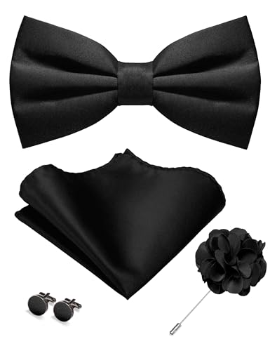 JEMYGINS Herren Matte Einfarbige Fliege mit Taschentuch Manschettenknöpfen und Ansteckblume Set Schwarz JEMYGINS Herren Matte Einfarbige Fliege mit Taschentuch Manschettenknöpfen und Ansteckblume Set Schwarz von JEMYGINS