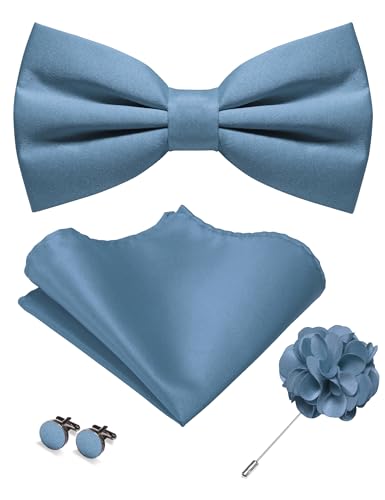 JEMYGINS Herren Matte Einfarbige Fliege mit Taschentuch Manschettenknöpfen und Ansteckblume Set graublau von JEMYGINS