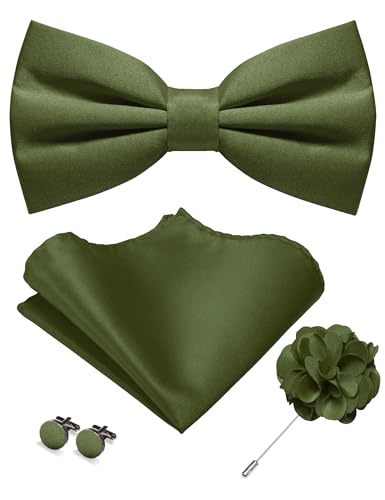 JEMYGINS Herren Matte Einfarbige Fliege mit Taschentuch Manschettenknöpfen und Ansteckblume Set olivgrün JEMYGINS Herren Matte Einfarbige Fliege mit Taschentuch Manschettenknöpfen und Ansteckblume Set olivgrün von JEMYGINS