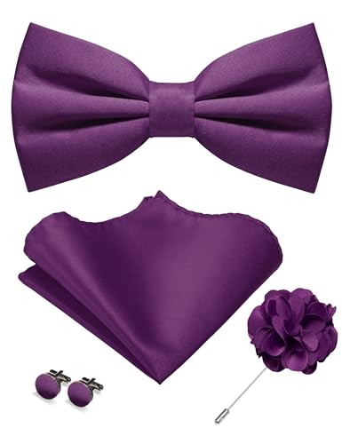 JEMYGINS Herren Matte Einfarbige Fliege mit Taschentuch Manschettenknöpfen und Ansteckblume Set tiefes Lila von JEMYGINS