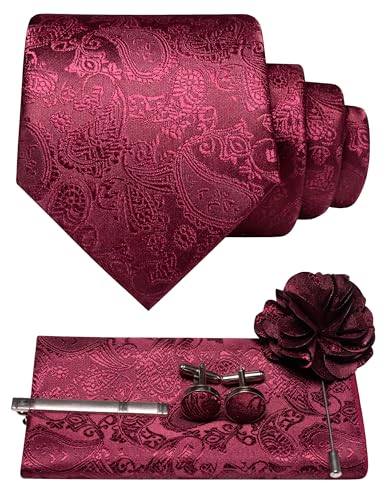 JEMYGINS Herren Paisley Krawatte mit Einstecktuch Krawattenklammer Blumenbrosche und Manschettenknöpfen Set Burgunderroter Boden JEMYGINS Herren Paisley Krawatte mit Einstecktuch Krawattenklammer Blumenbrosche und Manschettenknöpfen Set Burgunderroter Boden von JEMYGINS