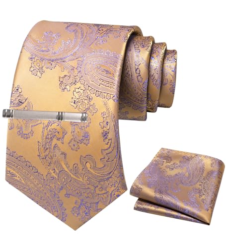JEMYGINS Herren Paisley Krawatten set mit Krawattenklammer und Einstecktuch,Eiche hellbraune Toffeefarbe JEMYGINS Herren Paisley Krawatten set mit Krawattenklammer und Einstecktuch,Eiche hellbraune Toffeefarbe von JEMYGINS