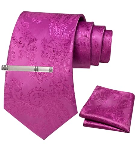 JEMYGINS Herren Paisley Krawatten set mit Krawattenklammer und Einstecktuch,Magenta von JEMYGINS