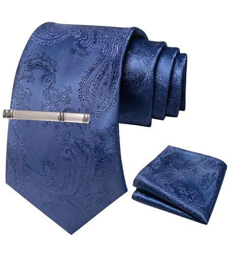 JEMYGINS Herren Paisley Krawatten set mit Krawattenklammer und Einstecktuch,Navy blau von JEMYGINS