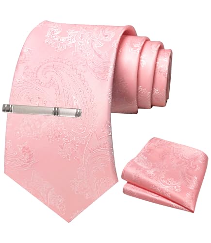 JEMYGINS Herren Paisley Krawatten set mit Krawattenklammer und Einstecktuch,Rosa gesprenkelt von JEMYGINS