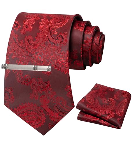 JEMYGINS Herren Paisley Krawatten set mit Krawattenklammer und Einstecktuch,Rosen Rumba Rot von JEMYGINS