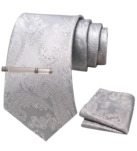 JEMYGINS Herren Paisley Krawatten set mit Krawattenklammer und Einstecktuch,Silber von JEMYGINS