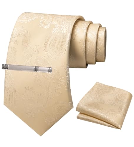 JEMYGINS Herren Paisley Krawatten set mit Krawattenklammer und Einstecktuch,Weizenfarbe. Mattierte Mandelfarbe JEMYGINS Herren Paisley Krawatten set mit Krawattenklammer und Einstecktuch,Weizenfarbe. Mattierte Mandelfarbe von JEMYGINS
