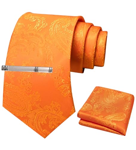 JEMYGINS Herren Paisley Krawatten set mit Krawattenklammer und Einstecktuch,orange Farbe von JEMYGINS