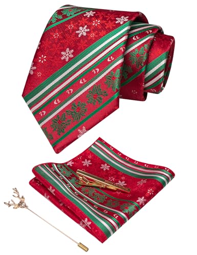 JEMYGINS Herren Weihnachts Krawatte Muster Woven Party Krawatte & Einstecktuch Set Rot Grün gestreift Schneeflocke von JEMYGINS