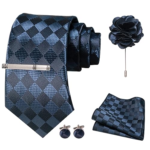 JEMYGINS Herren gestreifte bestickte Hochzeits Krawatte mit passendem Einstecktuch und Krawattenklammer Set,Dunkelblau kariert, dunkelblaue Blume von JEMYGINS