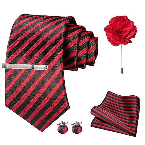 JEMYGINS Herren gestreifte bestickte Hochzeits Krawatte mit passendem Einstecktuch und Krawattenklammer Set,Rot-schwarze Streifen von JEMYGINS