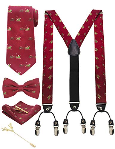 JEMYGINS Hosenträger Herren Burgunder/Weihnachtsschlitten in Seide Weihnachten begrenzt 3.5cm Y Form mit 6 starken Clips Weihnachtsgeschenke und Krawatte Fliege Einstecktuch Set Geschenkbox(5) von JEMYGINS